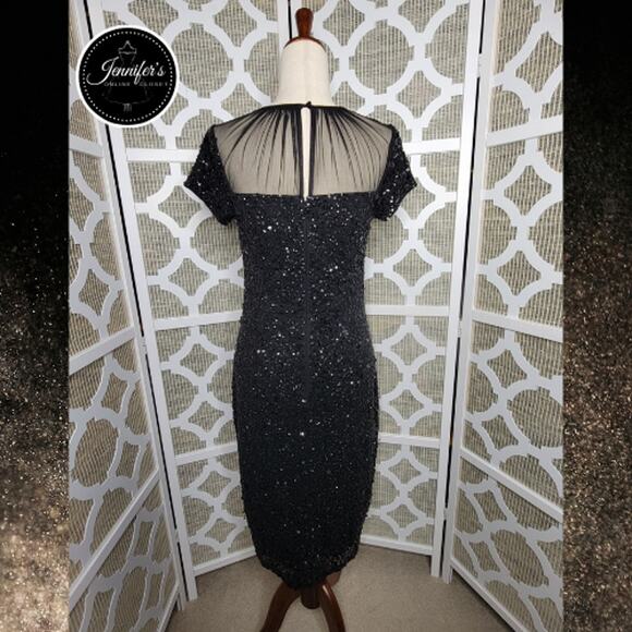 Adrianna Papell Black Sequin Embellished Mesh Neckline Sheath Dress Size 8 - Picture 8 of 12